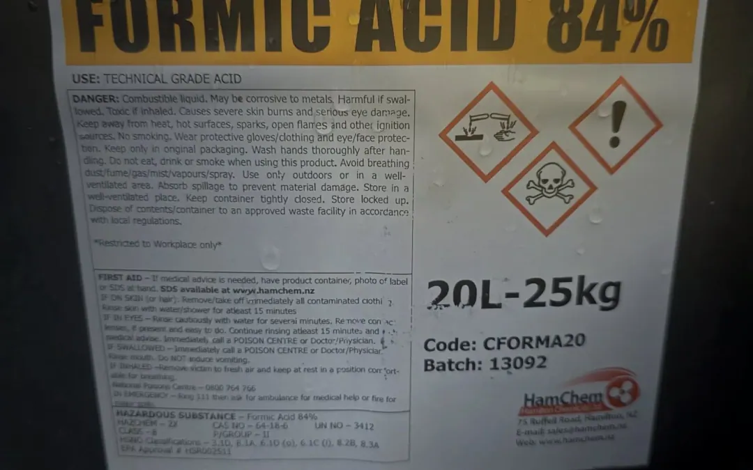 Formic acid 84 percent stock container label for dilution planning