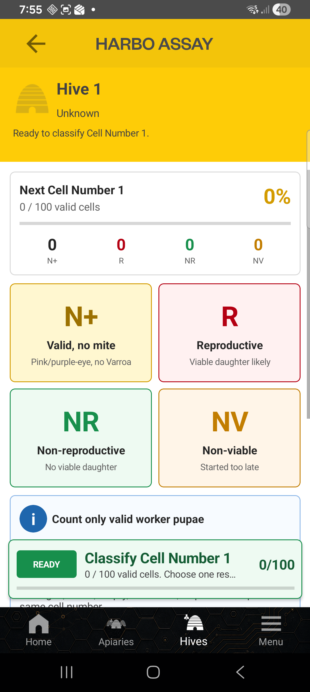 Harbo Assay cell entry screen showing N plus, reproductive, non-reproductive and non-viable choices