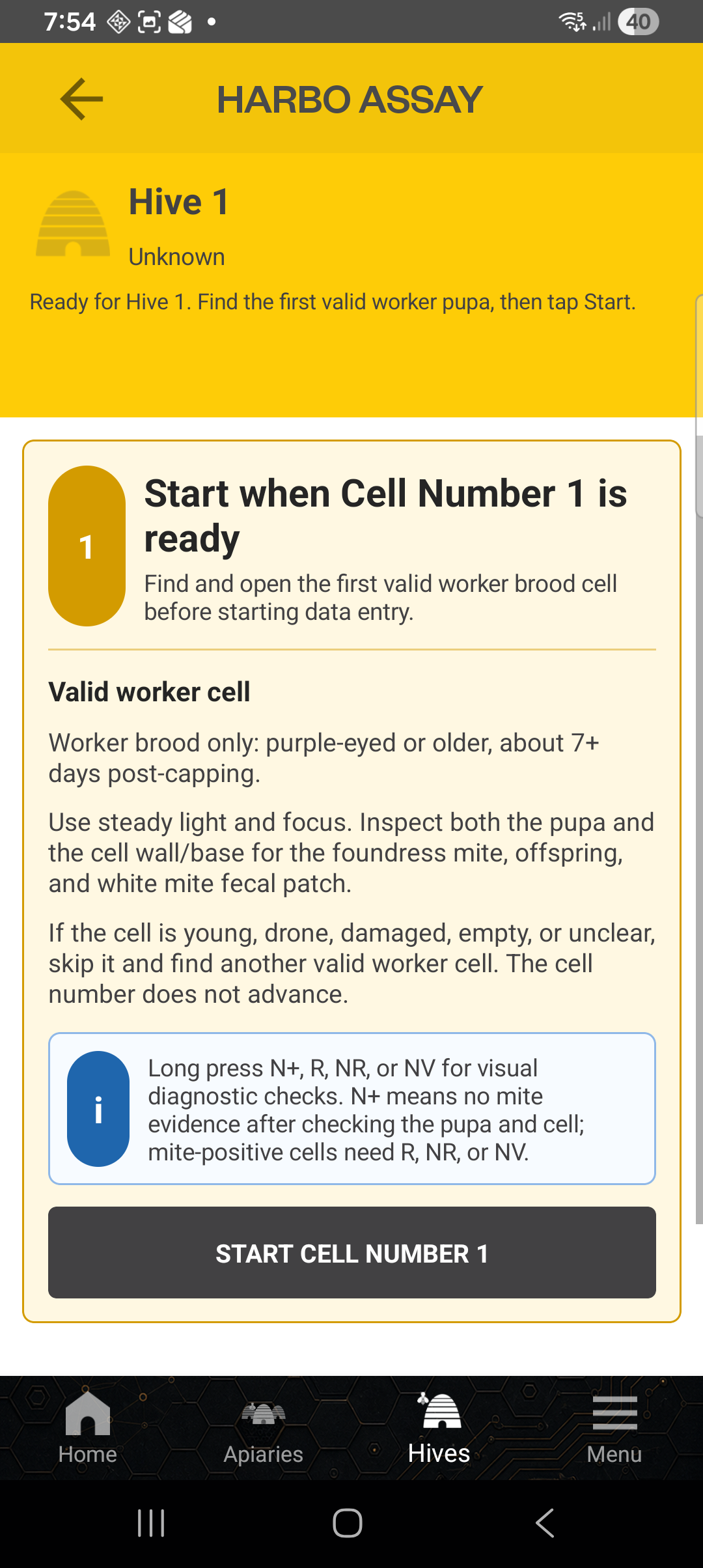 Harbo Assay start screen for Hive 1 with valid worker cell guidance