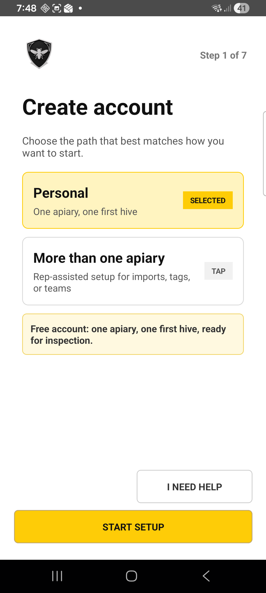 BuzzTech onboarding with personal one-apiary free path selected