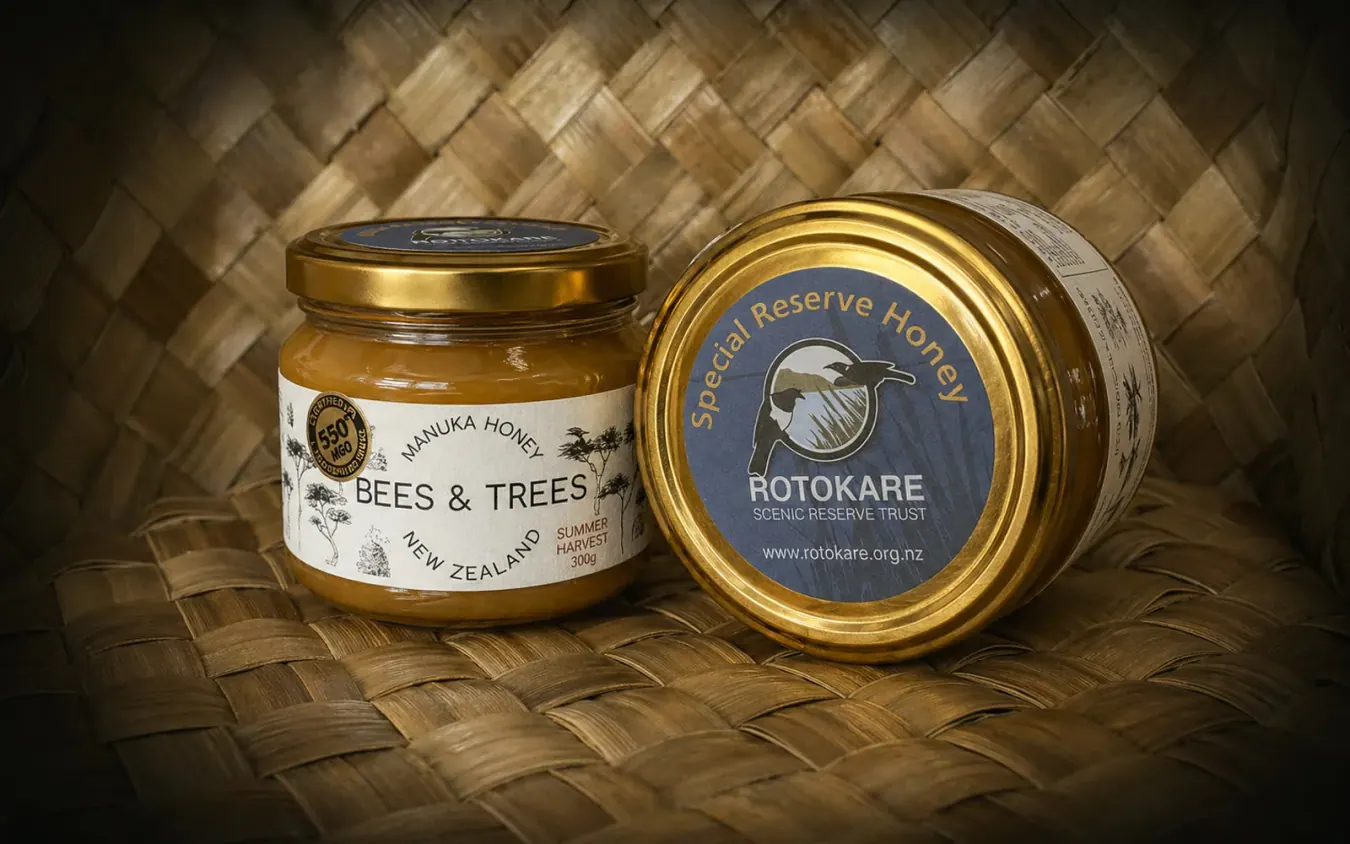 Rotokare reserve honey jars showing the product and traceable story