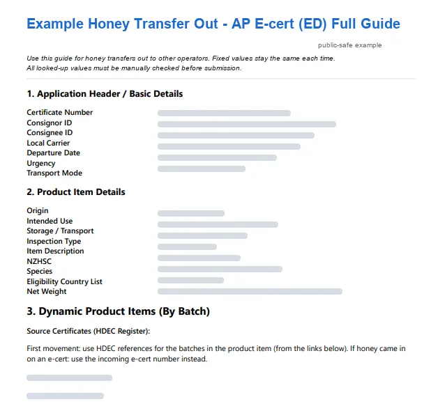 Redacted ECERT support guide overview showing application and product details