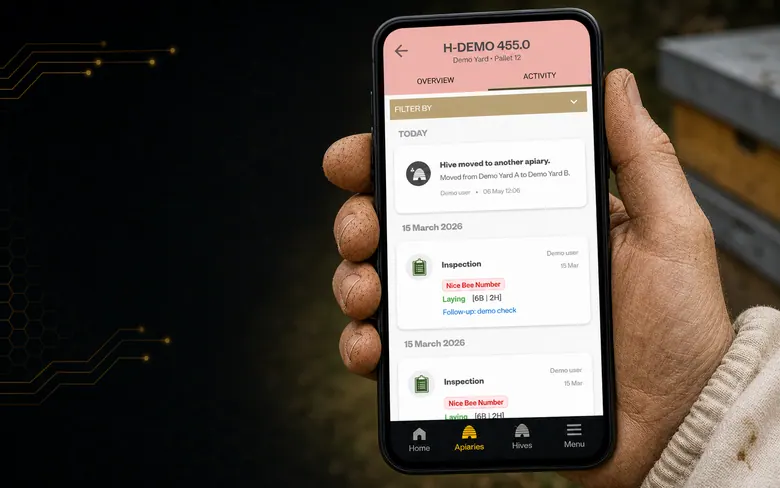 Mobile hive history demo showing prior records and follow-up context
