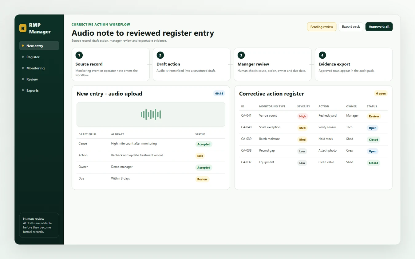 BuzzTech corrective actions register showing closed follow-up items with dates and owners