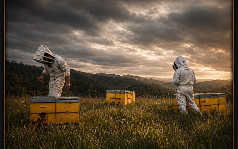 Beekeeper working hives with field record context